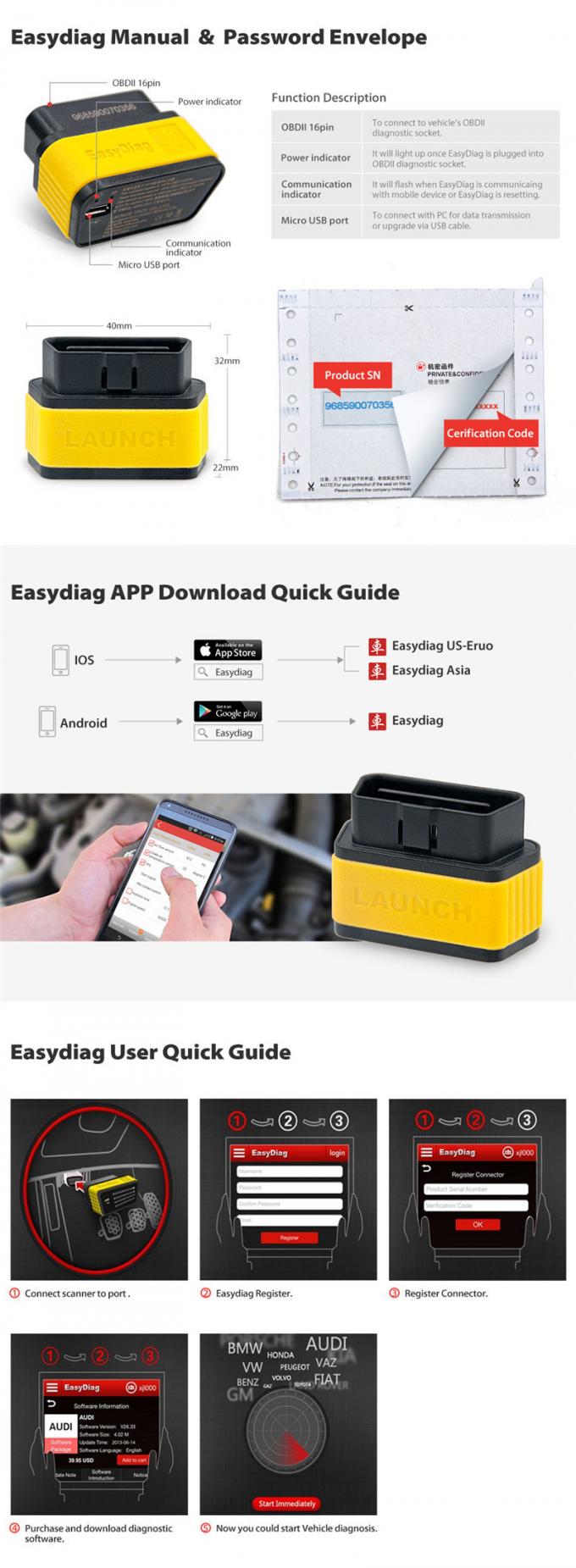 Herramienta más del escáner de los diagnósticos Obd2 de EasyDiag 2,0 del LANZAMIENTO de X431 EasyDiag 2,0 para Android/IOS X431 EasyDiag 2,0 con Blueto